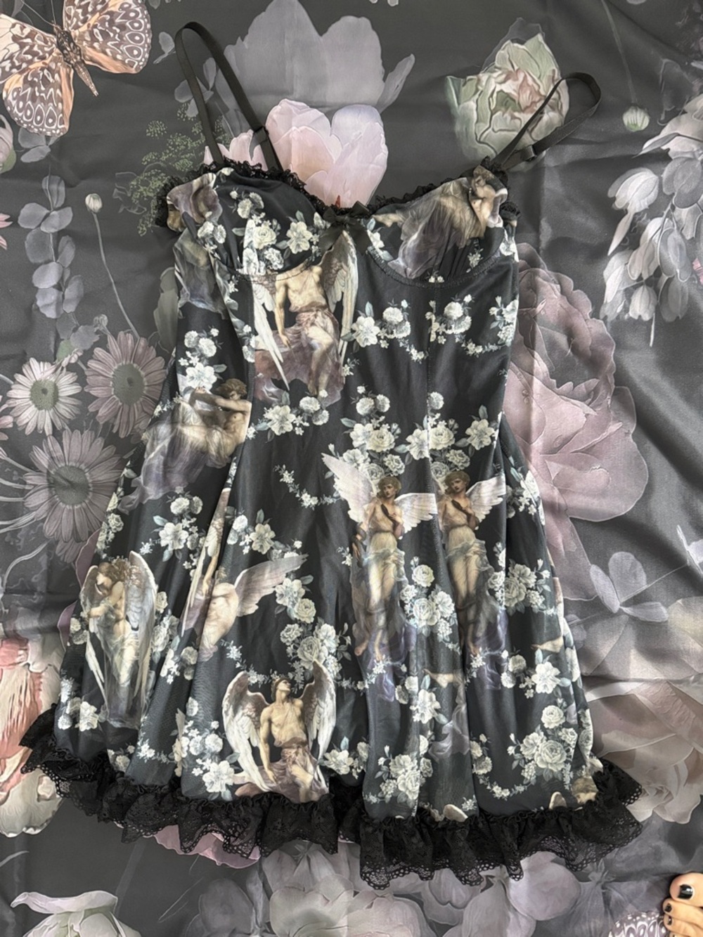Widow Angel Print Lace-Trim Slip Dress in Black and Cream